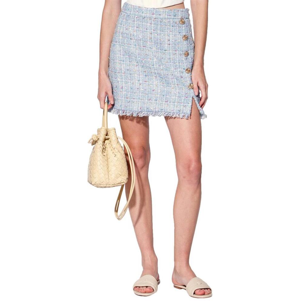 Anthropologie x Walter Baker - Blue Tweed Mini Skirt with Side Buttons, Size 4